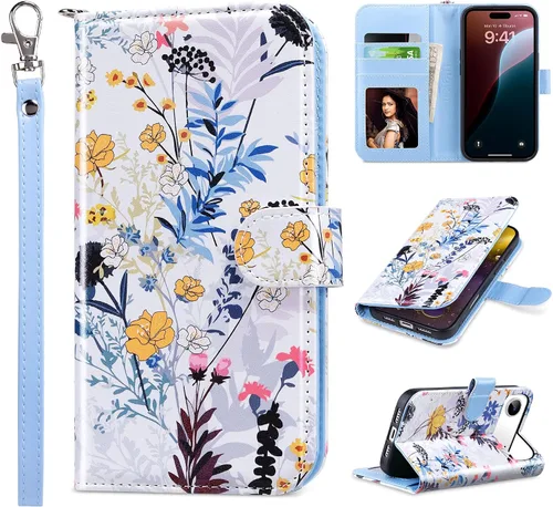 Vista 25 de ULAK Funda tipo billetera compatible con iPhone 15 para mujeres, funda tipo cartera con estampado floral de piel PU premium con porta tarjetas
