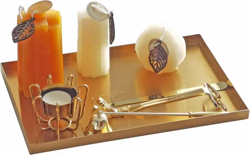 Vista 8 de Freelove Bandeja de Tocador de Metal Dorado con Lijado y Letras, Organizador de Perfumes, Soporte para Joyas, Plato para Maquillaje, Bandeja