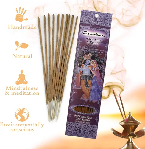 Vista 7 de Prabhuji's Gifts Radha, Bhagavan, Govardhana Varillas de incienso espiritual enrolladas a mano – Varillas aromáticas – para meditación, yoga
