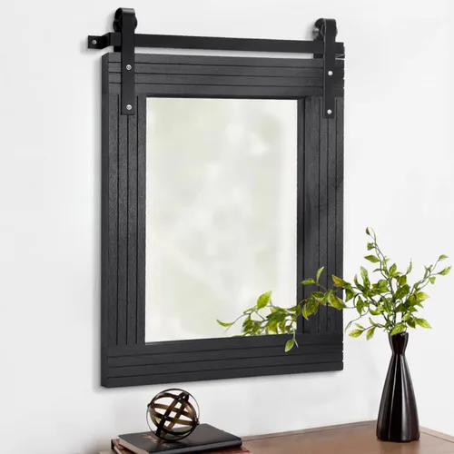Vista 12 de AAZZKANG Espejo con marco de madera, estilo de puerta de granero, rectangular, decorativo, baño, dormitorio, tocador, decoración de pared del hogar