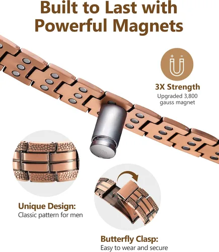 Vista 4 de Feraco Pulsera de cobre para hombre 3 veces más fuerza, 2 pulseras de terapia magnética de cobre con potentes imanes de 3800 Gauss, cierre plegable