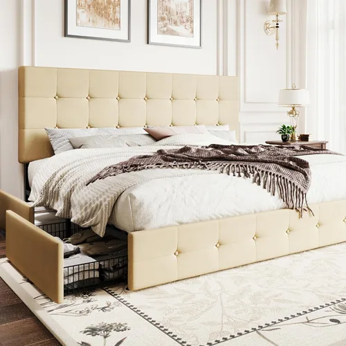 Vista 24 de SHA CERLIN Base de cama de plataforma tamaño matrimonial tapizada con 4 cajones de almacenamiento, cabecero ajustable con diseño cosido en cuadrados