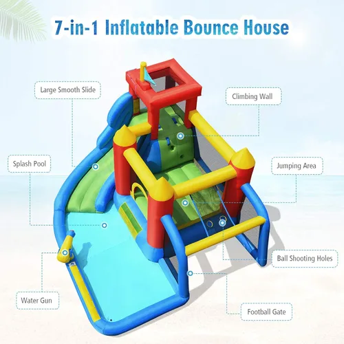 Vista 8 de BOUNTECH Tobogán acuático inflable, parque de toboganes acuáticos 7 en 1 para niños, diversión al aire libre con puerta de fútbol, soplador GFCI