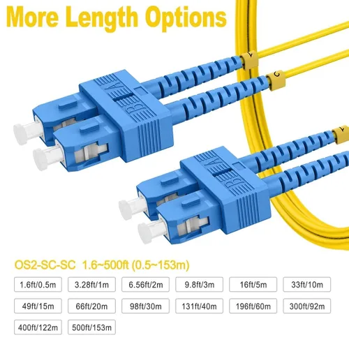 Vista 3 de OS2 SC a SC Single Mode Fiber Patch Cables 0.5m (1.6ft), Opciones 1.6 ft ~ 502.0 ft, Cable de fibra óptica monomodo 10G SMF LSZH Duplex 9/125μm OD