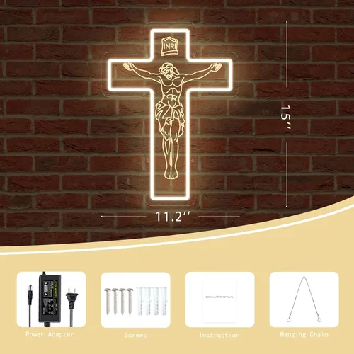 Vista 5 de Letrero de neón con cruz de Jesús, luz de neón LED de cruz de Jesús blanca cálida, hecha a mano con grabado 3D para amigos, familia, compromiso