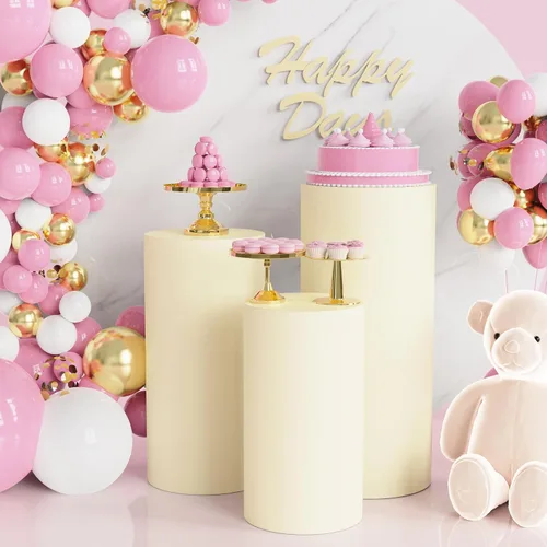 Vista 4 de Wokceer Fundas de soporte de cilindro de elastano para fiesta, 3 piezas, fundas de pedestal de cilindro, cubierta de pilar para fiesta de Beige