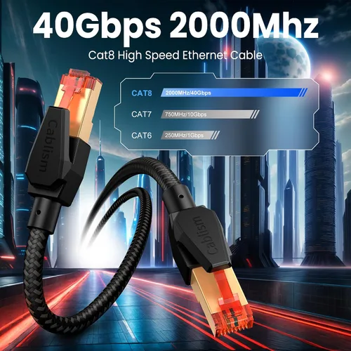 Vista 2 de Cable Ethernet Cat 8 de 1 a 6 unidades, corto, resistente, de alta velocidad, cable de red LAN chapado en oro, RJ45 de 40 Gbps 2000 MHz, compatible