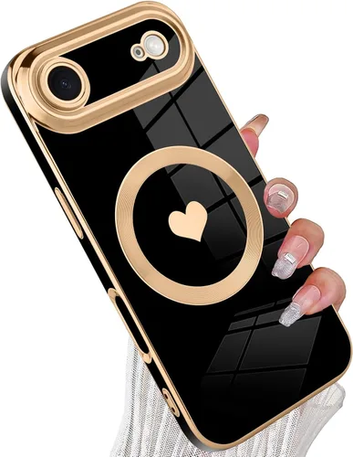 Vista 28 de tharlet Funda Magnética para iPhone 11 [Compatible con Magsafe] Lindo Corazón de Amor de Lujo Chapado Borde Dorado Parachoques con Lente de Cámara