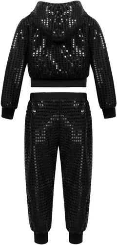 Vista 2 de inhzoy Conjunto de lentejuelas para niña, danza callejera, hip hop, danza, rendimiento, con capucha y pantalones de harén