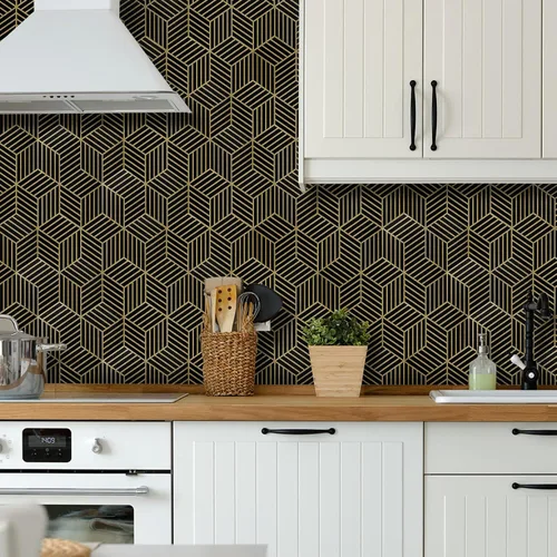Vista 8 de WENMER Papel tapiz hexagonal geométrico de 17.7 x 118 pulgadas, para despegar y pegar, papel de contacto geométrico extraíble negro y dorado