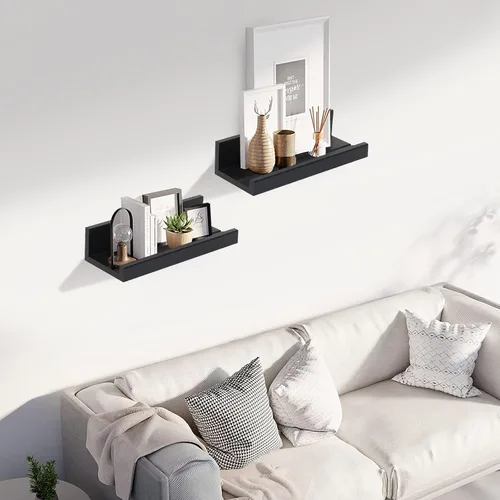 Vista 8 de Muzilife Estantes Flotantes de Pared Pequeños de 12" con Borde - Juego de 2 Estantes Flotantes de Madera - Repisa Negra Montada en Pared