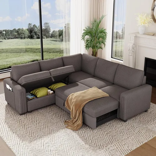 Vista 9 de Vesgantti Sofá Seccional Reclinable de 88.4" con Cama Extraíble, Sofá Seccional Modular en Forma de L de 5 Plazas con Almacenamiento, Cómodo Sofá
