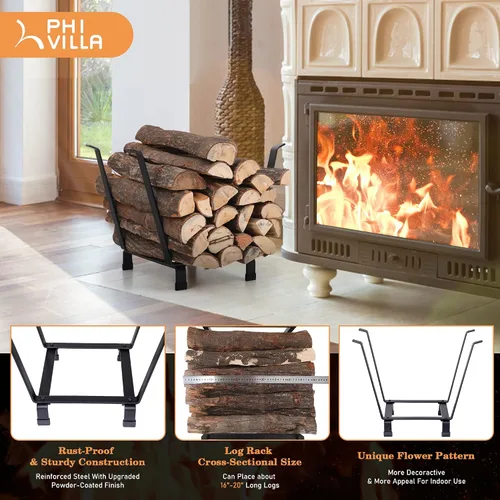 Vista 2 de PHI VILLA Estante de leña de 50,8 cm para interiores y exteriores, porta troncos para chimenea y estufa de leña, accesorios para estufa de leña
