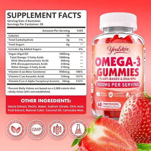 Vista 2 de Gomitas veganas Omega-3 de 1000 mg, alternativa al aceite de pescado Omega 3 para adultos, DHA a base de plantas de 460 mg y EPA 230 mg con vitamina