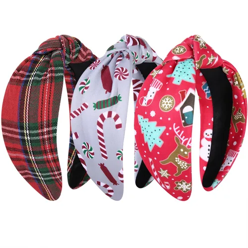 Vista 6 de Diadema navideña para mujer, accesorios para la cabeza con estampado de árbol de Navidad, copo de nieve, diadema anudada, accesorios para el cabello