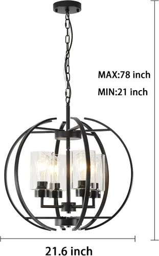 Vista 7 de Lámpara de araña negra con vidrio transparente para comedor, iluminación colgante de granja, lámpara de techo de globo de 4 luces