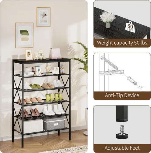 Vista 5 de Zapatero de 6 niveles, zapatero de gran capacidad que sostiene 32 pares de zapatos, estante de metal ajustable y estable, estante para zapatos