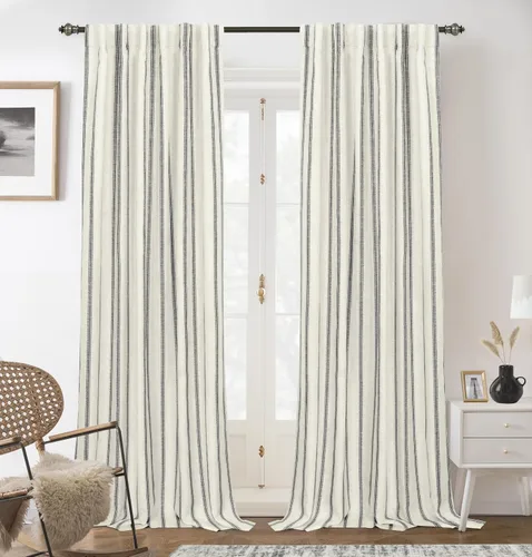 Vista 24 de DriftAway, cortinas de mezcla de lino estilo granja 100% opacas de 63 pulgadas de largo para dormitorio, cortinas de lino con rayas verticales