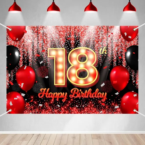 Vista 18 de Telón de Fondo Banner de Feliz 10º Cumpleaños Tema Negro y Rojo con Fondo de Neón Brillante y Moda para Fiesta de Cumpleaños Fotografía Accesorio