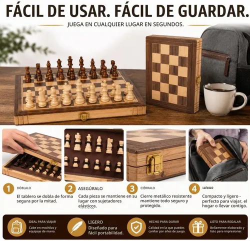 Vista 6 de Juego de ajedrez de madera plegable con cierre de imán de Kangaroo's Folding Premium Wooden Chess Set, Folding Luxury Chess Set, Travel Chess Sets