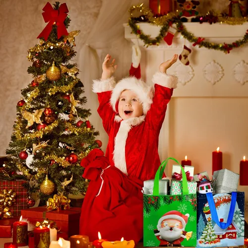Vista 6 de Xuniea Paquete de 12 bolsas reutilizables de Navidad a granel con asas, bolsas de regalo de Navidad, multifuncionales, no tejidas, para compras