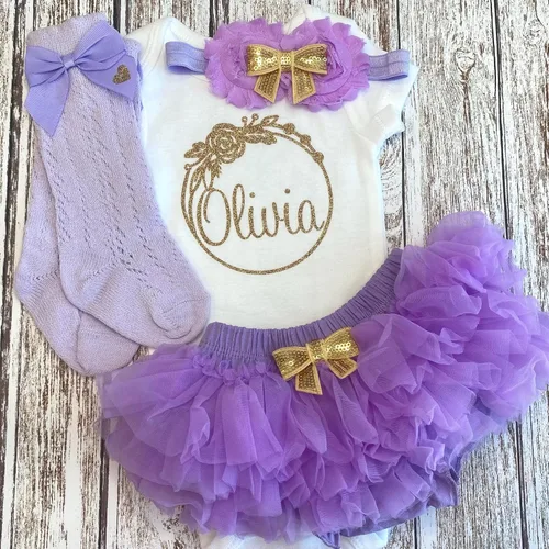 Vista 15 de Personalized Baby Girl Outfit Circular Floral Wreath Design Gold Glitter Optional Accessories