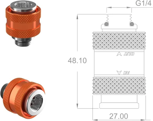Vista 2 de PrimoChill Macho a Hembra G 1/4 SX Mini Válvula de drenaje de tracción para computadoras de refrigeración por agua - Candy Copper