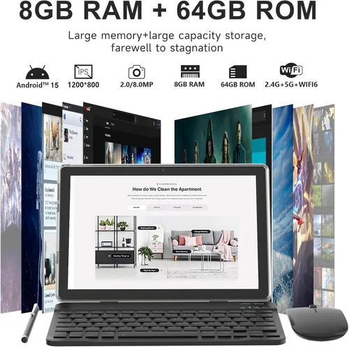 Vista 2 de Tableta 2 en 1 10 pulgadas Android 15 Tablets con teclado 64 GB ROM 8 GB RAM Soporte 1TB expansión 10.1 "Tablet incluye Ratón Stylus Tab 8MP+2MP