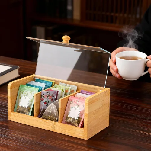 Vista 9 de Caja de té de bambú y acrílico con 3 compartimentos de 8.66 x 4.33 x 3.94 pulgadas, soporte decorativo para bolsitas de té con tapa transparente