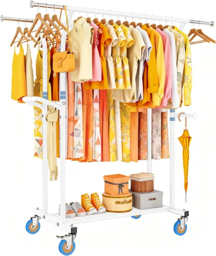 Vista 10 de Perchero de ropa resistente de 800 libras: perchero con ruedas para colgar abrigos, barras dobles, estantes portátiles para ropa con ruedas, estante