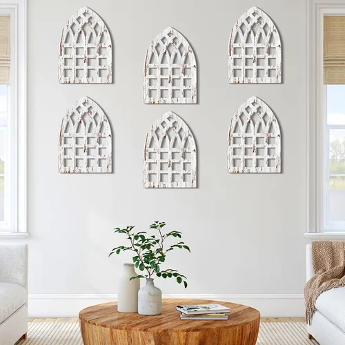Vista 6 de FairySandy 6 marcos rústicos de ventana con arco de madera para decoración de pared de granja de 15.75 x 11 pulgadas, paneles colgantes de catedral