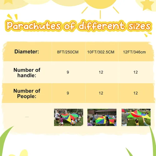 Vista 6 de Sonyabecca Paracaídas de 8 pies para niños con 9 asas para jugar paracaídas para 4 y 8 niños, tienda de campaña, juegos cooperativos, regalo