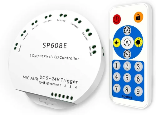 Vista 8 de BTF-LIGHTING WS2812B WS2811 1903 controlador Bluetooth SP601E con micrófono incorporado, música, doble salida de señal para tira de luces LED