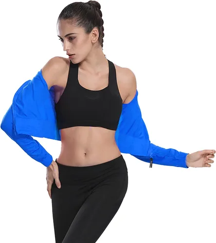 Vista 2 de J-pinno Chaqueta corta sexy para mujer, para deportes, gimnasio, entrenamiento, correr, con cremallera, manga larga, atlética, para yoga