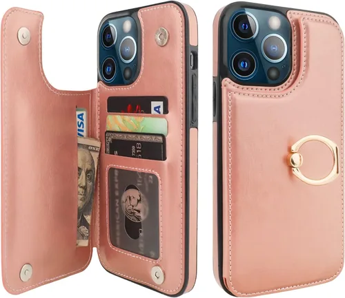 Vista 14 de ONETOP Funda tipo cartera para iPhone 13 con soporte para tarjetas, anillo de rotación de 360°, bloqueo RFID, doble cierre magnético, a prueba