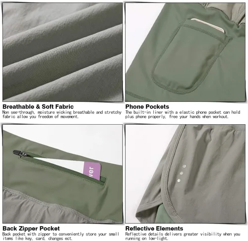 Vista 4 de Pantalones cortos para correr 2 en 1 para mujer para entrenamiento, atletismo, gimnasio, yoga cuenta con bolsillos para el teléfono.