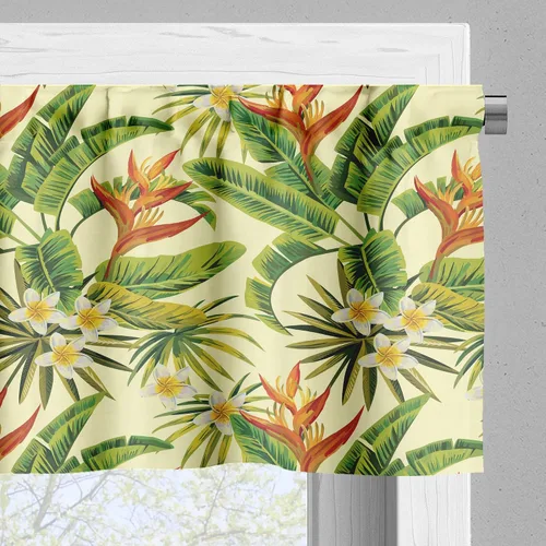 Vista 5 de Ambesonne Juego de 3 cenefas tropicales y cortinas de nivel, flores exóticas de plumeria y hojas de palmera sobre fondo crema, flora hawaiana