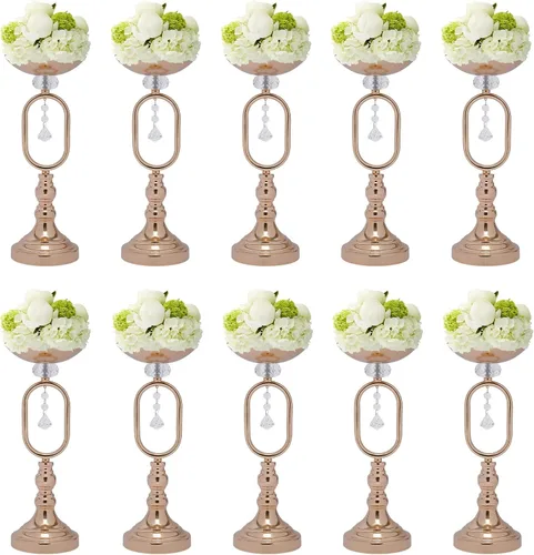 Vista 32 de Juego de 10 portavelas de metal dorado de 10.2 pulgadas de alto, florero, arreglo floral, candelabro, candelabro, portavelas para bodas, fiestas