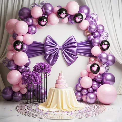 Vista 6 de Globos rosa púrpura negros, 50 unidades de 12 pulgadas, globos de cumpleaños con forma de corazón impresos en color rosa púrpura metálico negro