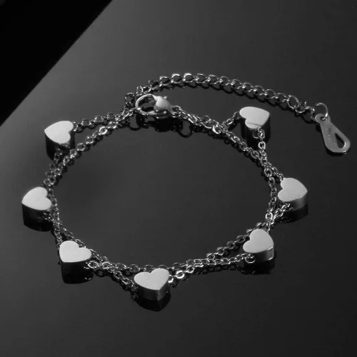 Vista 2 de Jude Jewelers Pulsera de cuentas de corazón de acero inoxidable con cadena enlazada