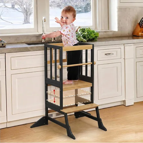 Vista 11 de COSYLAND Torre de pie para niños pequeños, taburete de cocina de altura Blanco