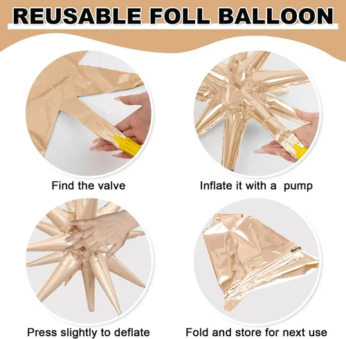 Vista 7 de 9 piezas de globos de estrella beige, grandes globos de papel de aluminio en forma de estrella en explosión, globos de Mylar en punta color crema