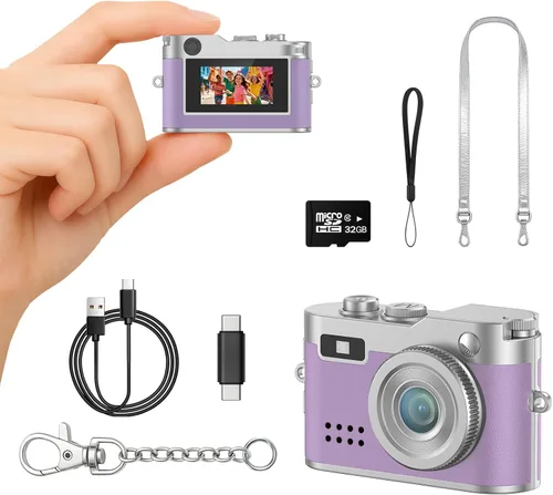 Vista 12 de Mini cámara digital, 1080P HD minúscula cámara retro llavero con tarjeta de 32 GB, pantalla de 0.96 pulgadas y adaptador OTG, cámara de bolsillo