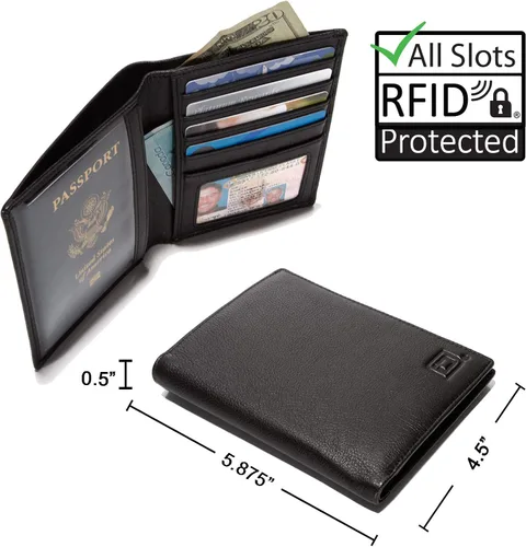 Vista 3 de Cartera RFID para pasaporte organizador de viaje - 2 soportes para pasaporte - Bifold de cuero delgado, Negro -, Cartera Rfid