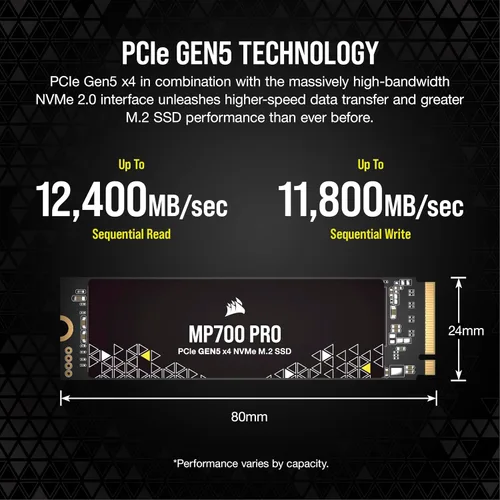 Vista 3 de Corsair MP700 PRO 1TB M.2 PCIe Gen5 x4 NVMe 2.0 SSD – M.2 2280 – Hasta 11,700MB/seg de lectura secuencial – NAND TLC de alta densidad – Negro