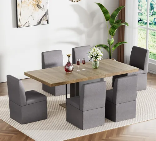Vista 25 de Juego de mesa de comedor extensible para mesa de cocina extensible de 4, 5 piezas y 4 sillas de almacenamiento ocultas de lino tapizadas de madera