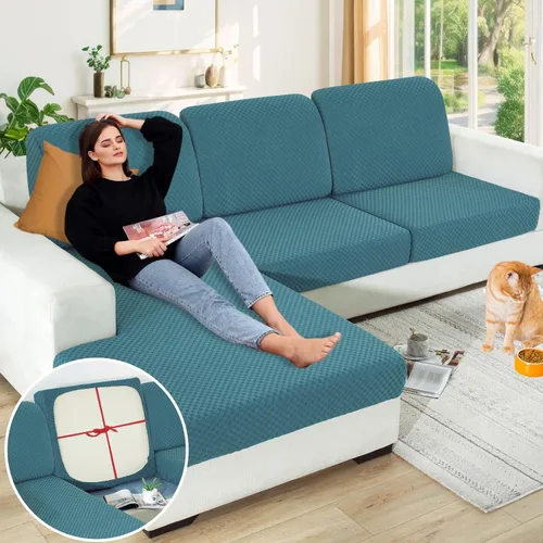 Vista 26 de YEMYHOM Funda de cojín para sofá, funda de cojín de asiento de alta elasticidad, tela jacquard geométrica de felpa, protector de sofá antideslizante