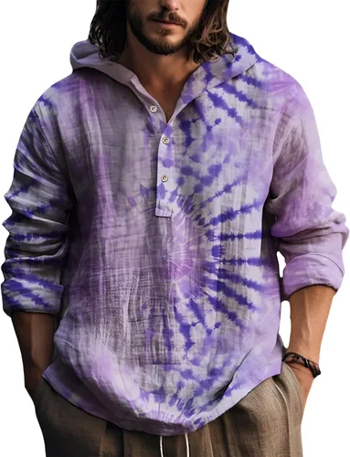 Vista 16 de Sudaderas con capucha para hombre, con estampado de teñido anudado, cuello en V, manga larga, con botones, de gran