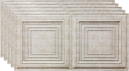 Vista 21 de FASÄDE Panel de techo decorativo de vinilo decorativo de 2 x 4 pies de estilo tradicional / patrón 3 en aluminio cepillado (paquete de 5)