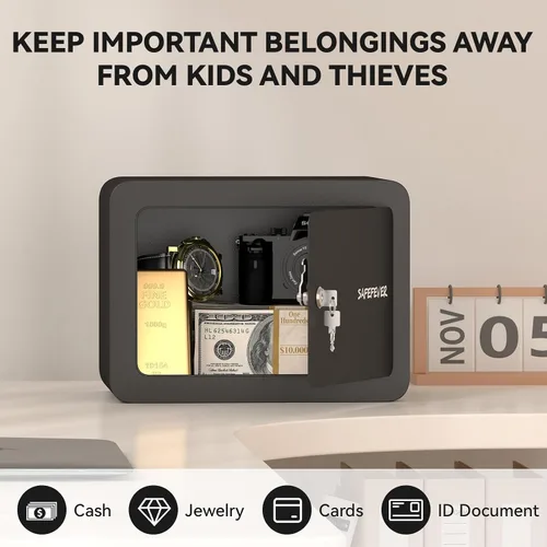 Vista 7 de Caja fuerte pequeña, mini caja de seguridad con cerradura de llave, caja fuerte de pared cúbica de 0.23 para joyas en efectivo, cajas fuertes